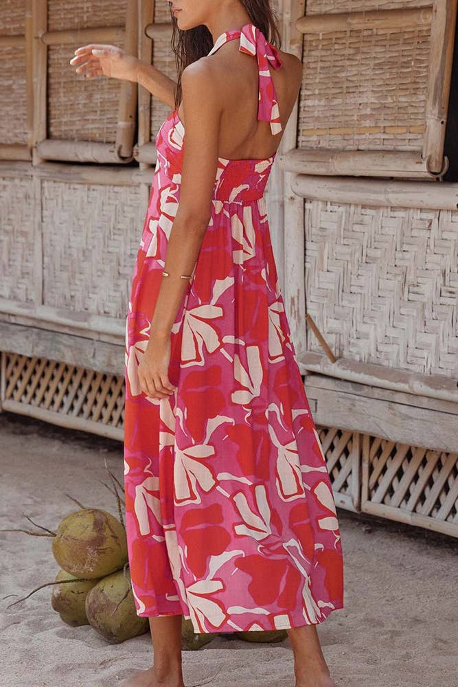 UNISHE - Wholesale Dress - Women's - Halter Neck Flare Printed Maxi Dress QXX0723