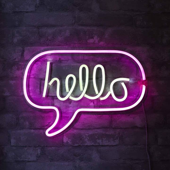 Enseigne LED néon blanche et rose « hello » en forme de bulle de dialogue Isaac Jacobs pour la vente par Isaac Jacobs International