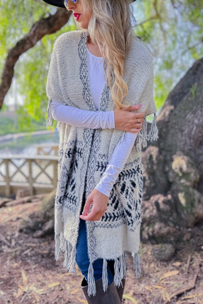 Ivory Aztec Western Tassel Trim Eyelash Knit Cardigan for wholesale on Faire3