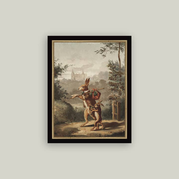 Petal Lane Home - Venta al por mayor Juego de ilustraciones - Arte antiguo enmarcado con un conejo viajero