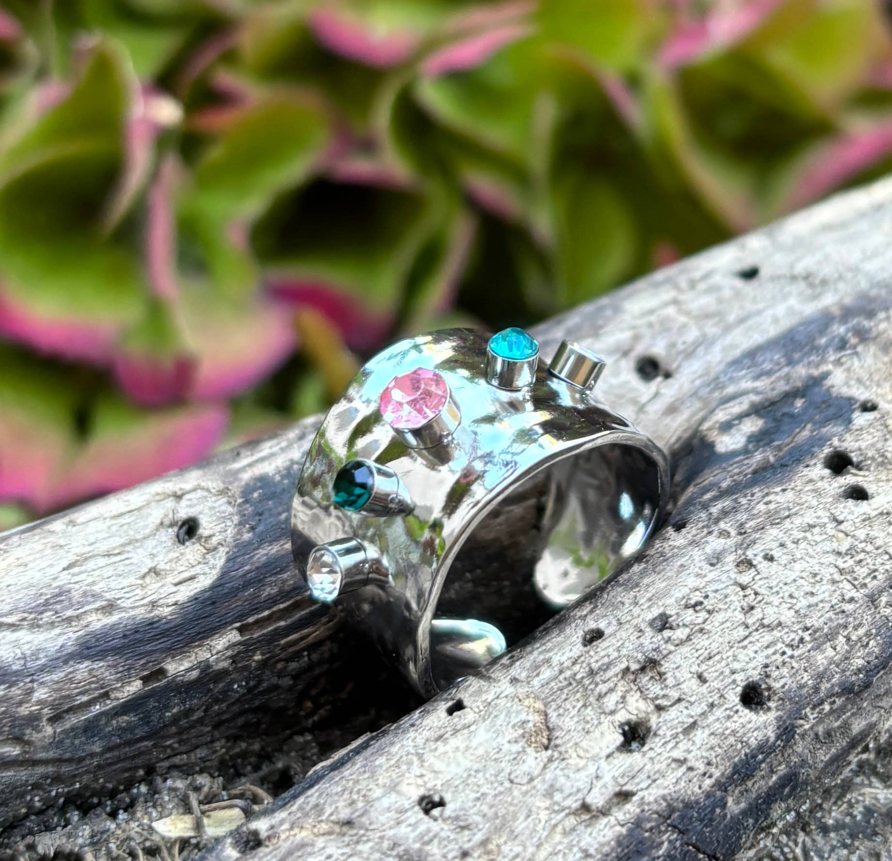 Ocean Ripples - Wholesale Cocktail/Statement Ring - Stainless Steel Cubic Zirconia Hammered Adjustable Ring