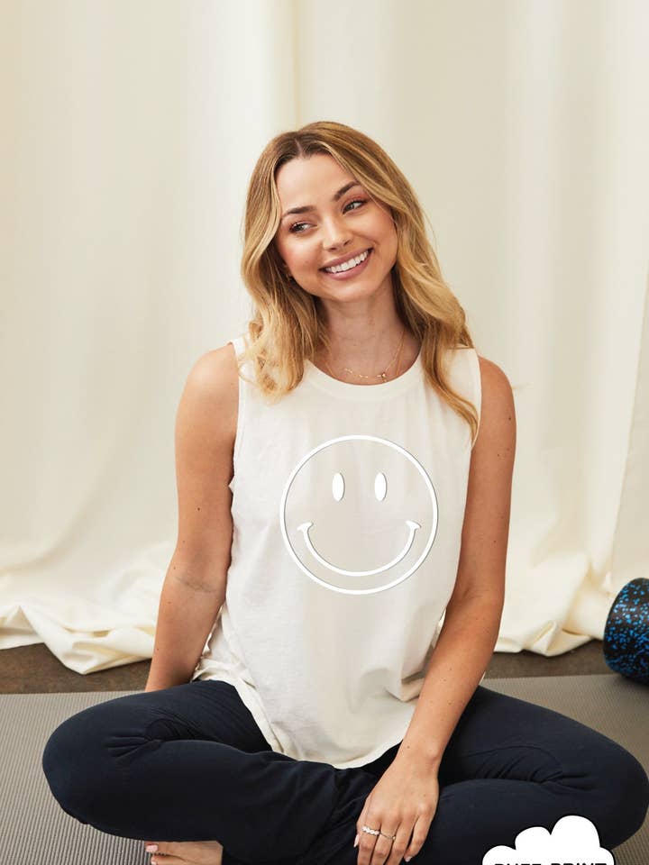 Camiseta sin mangas con estampado mineral con estampado floral SMILEY FACE para venta al por mayor de OAT COLLECTIVE