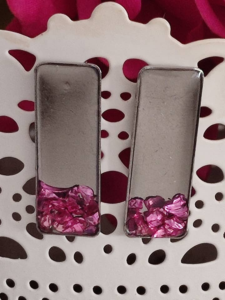 RECTANGULAR STEEL AND RESIN EARRINGS for wholesale by catsplatayresina