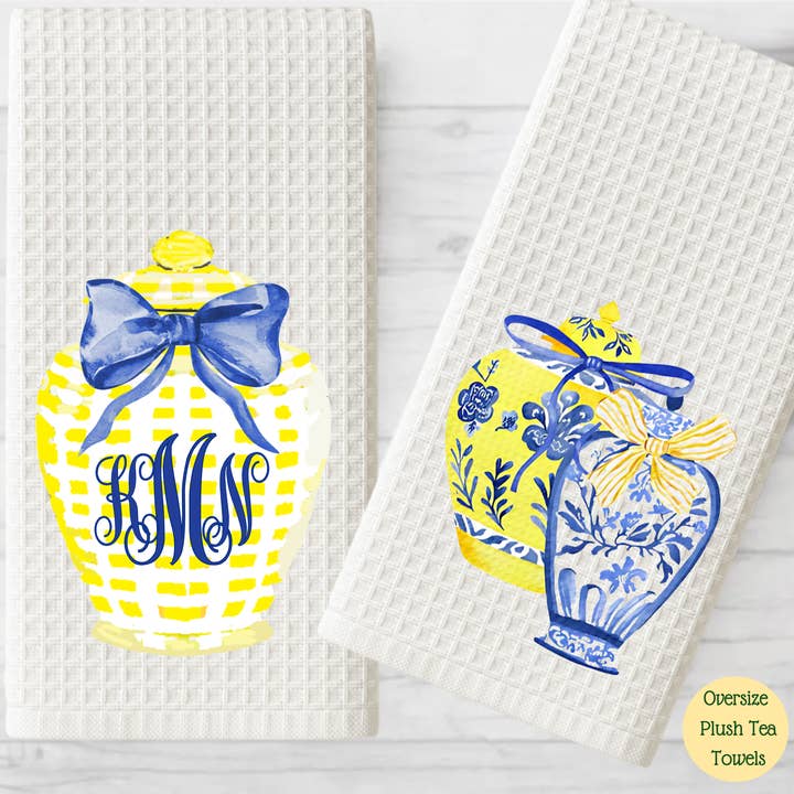 Blue & Yellow Ginger Jar Monogram Tea Towel Set for wholesale by Cottage & Club