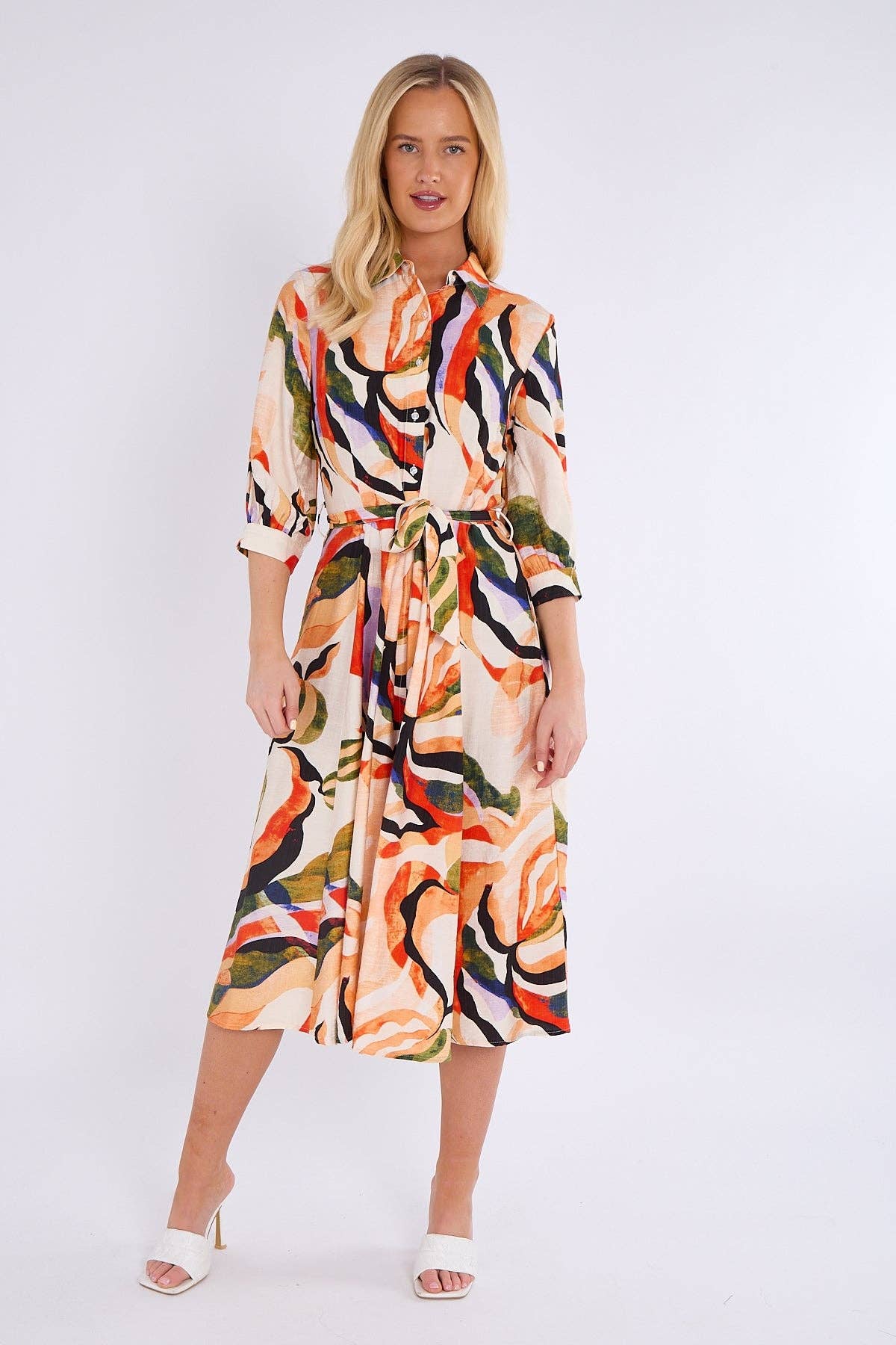 ARANCIO Abito camicia midi con stampa a motivo arancione e verde in vendita all'ingrosso su Faire1