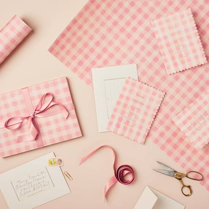 Wanderlust Paper Co - Wholesale Flat wrap - Pink Gingham Patterned Paper1