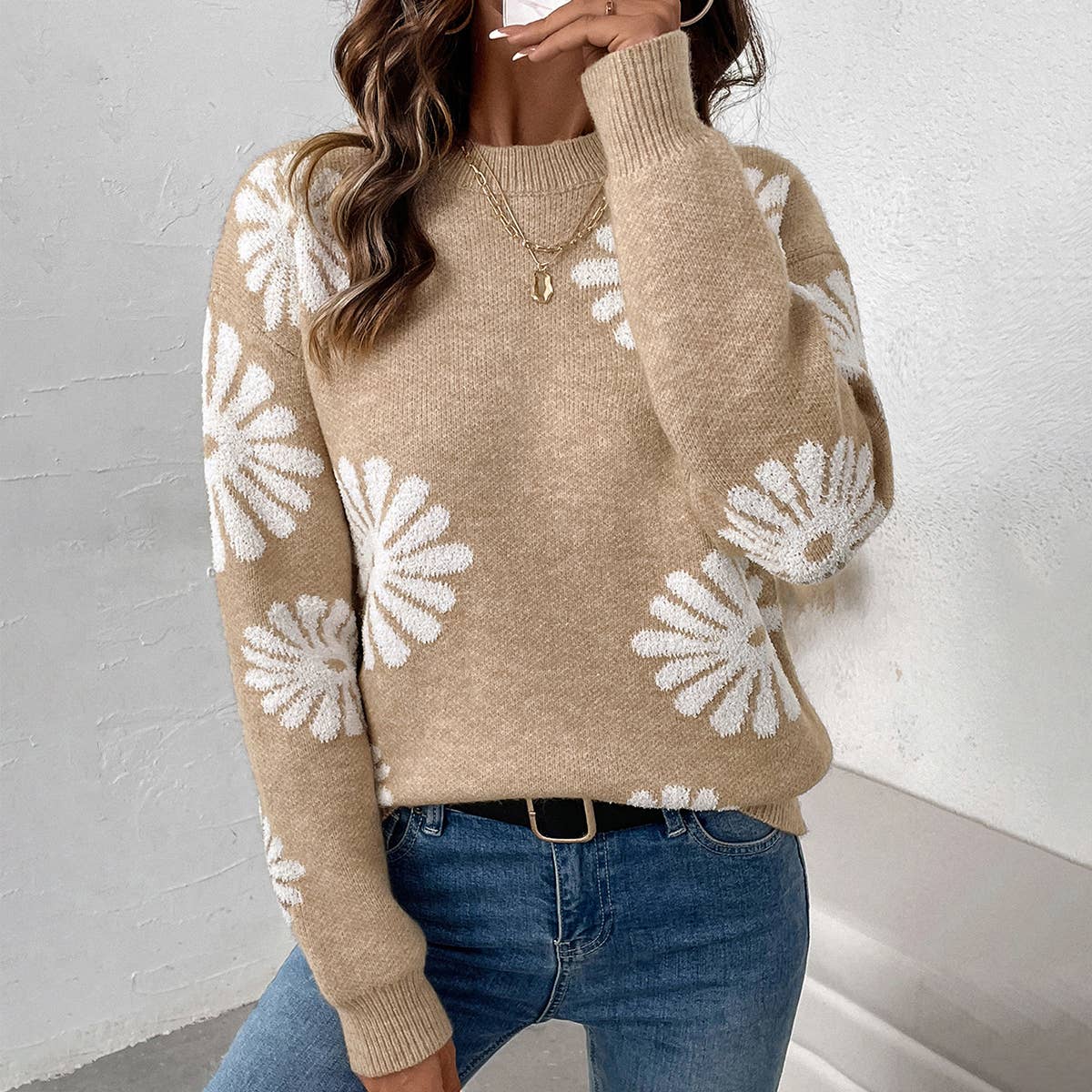KHAKI LONG-SLEEVED CREW-NECK JACQUARD PULLOVER SWEATER for wholesale on Faire0