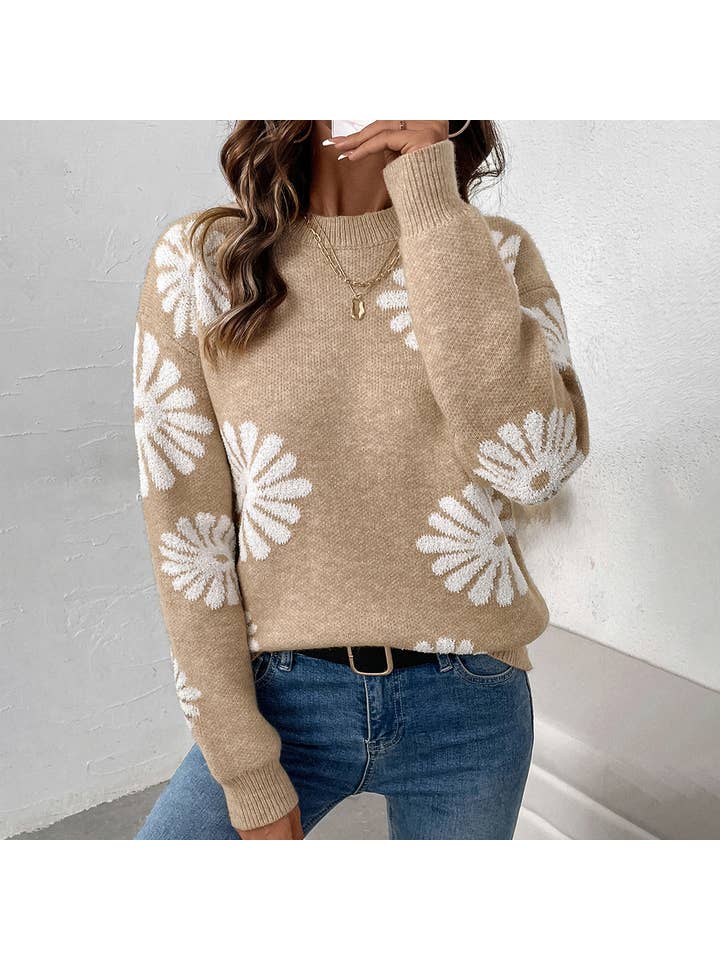 KAKI PULL EN JACQUARD À COL ROND ET MANCHES LONGUES en vente sur Faire