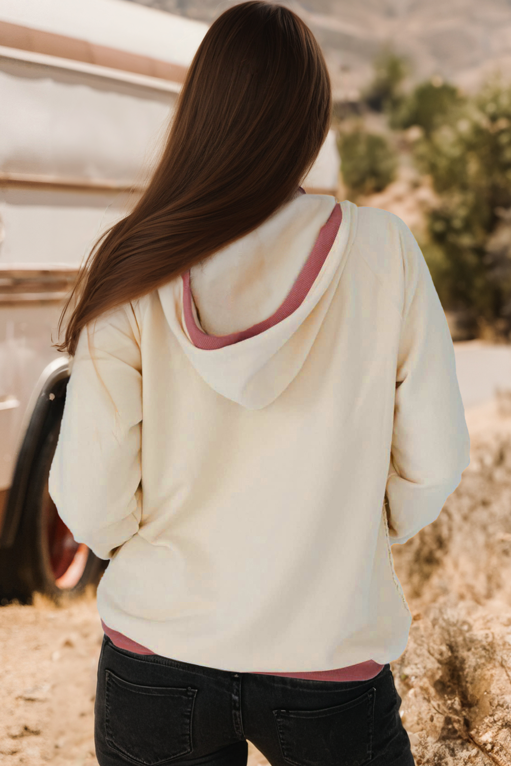 White Contrast Trim Crochet Knit Patchwork Exposed Seam Hoodie for wholesale on Faire1