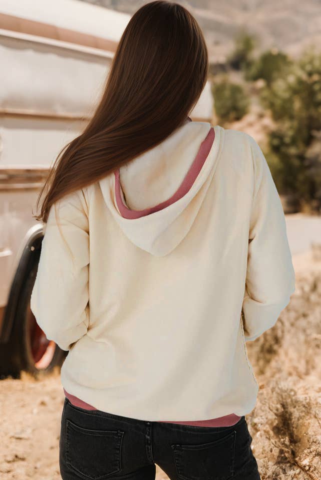 White Contrast Trim Crochet Knit Patchwork Exposed Seam Hoodie for wholesale on Faire1