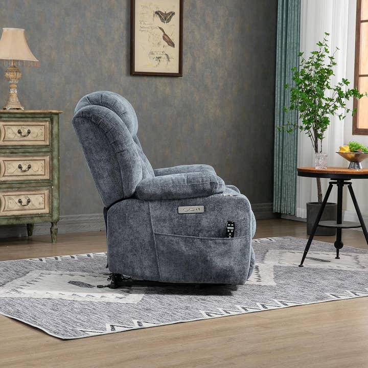 Power Lift Recliner Chair With Full Body Massage And Heat In Elegant Blue Chenille Fabric for wholesale on Faire3