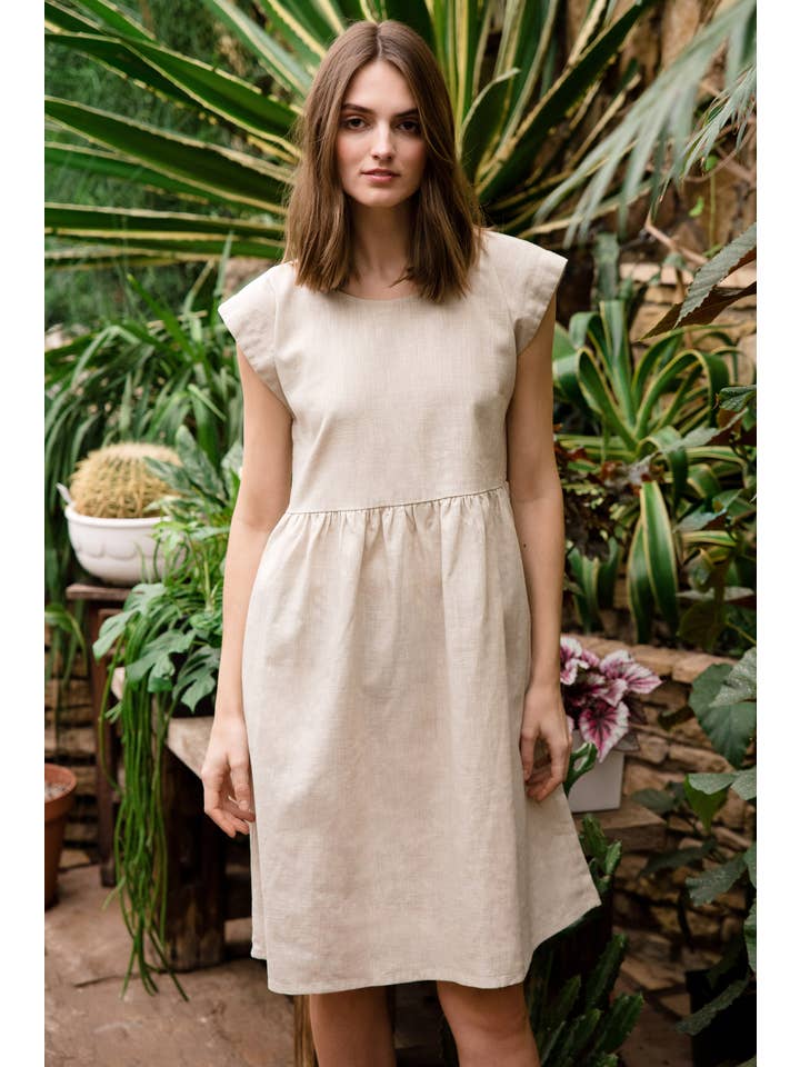 LeMuse - Wholesale Dress - Women's - Beige Linen Dress By Lemuse, Linen Smock Dress, Loose Midi