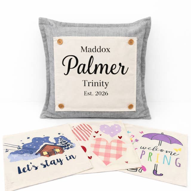 NOUVEAU ! Coffret cadeau de mariage d'HIVER personnalisé : 3 saisons + coussin CARRÉ CHARBON + panneau de nom de famille personnalisé LODGE, CŒURS, BOTTES DE PRINTEMPS, PANNEAU DE NOM DE FAMILLE PERSONNALISÉ pour la vente par PillowPanels