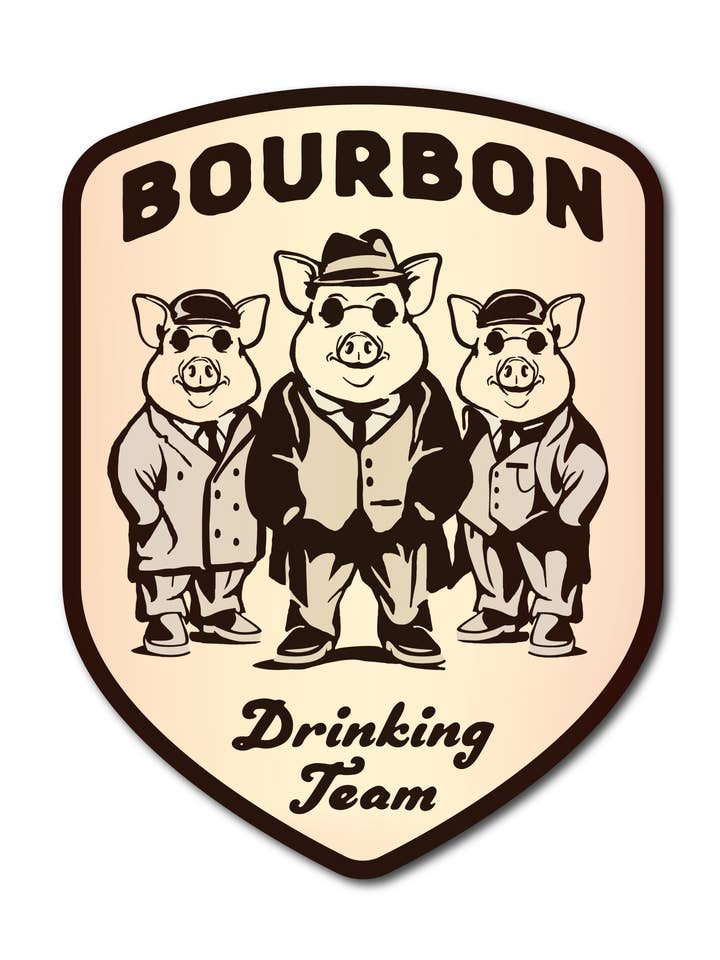 Bourbon Drinking Team Sticker for wholesale by Surly Squirrel