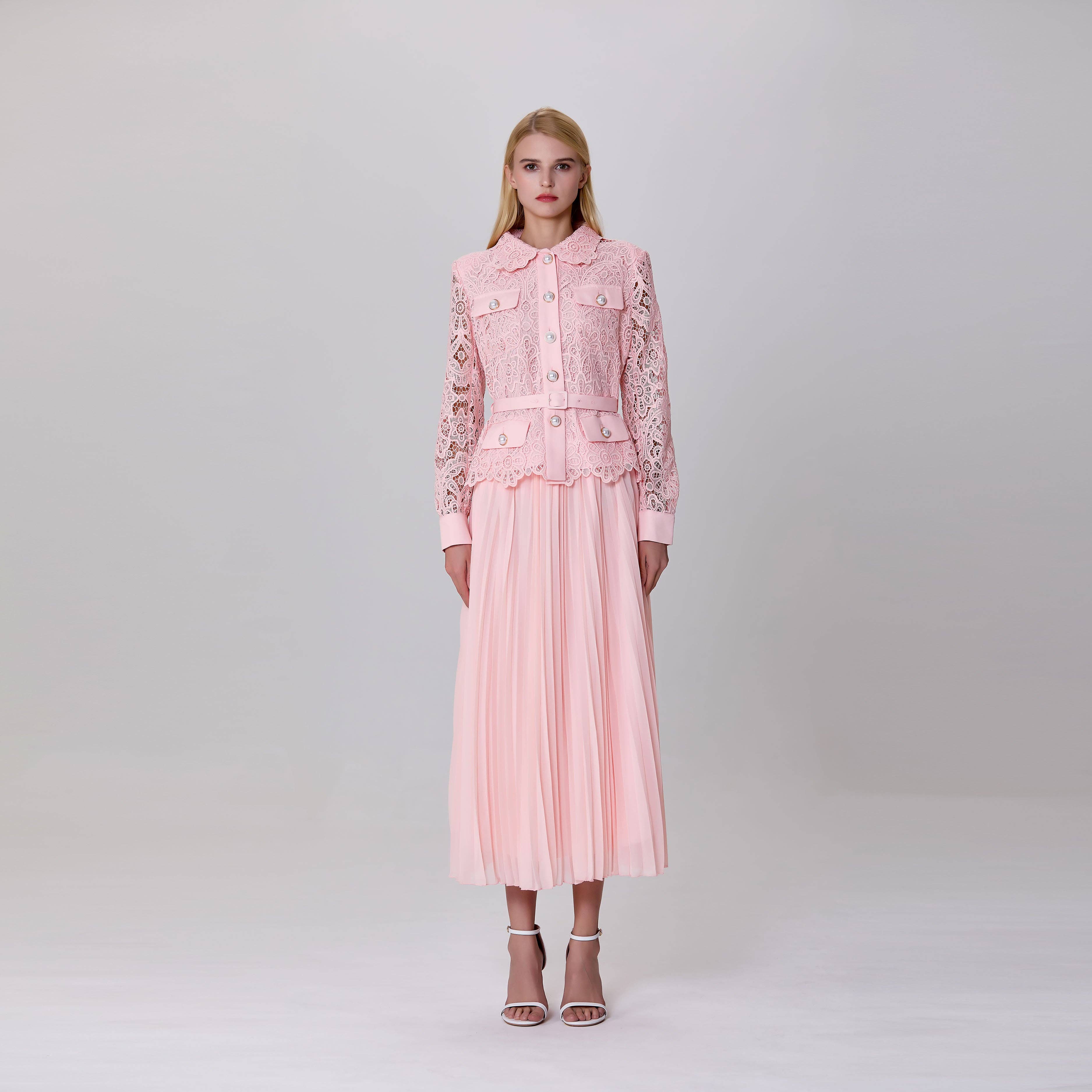 Pale pink All-in-one dress with lace jacket and pleated skirt for wholesale on Faire1