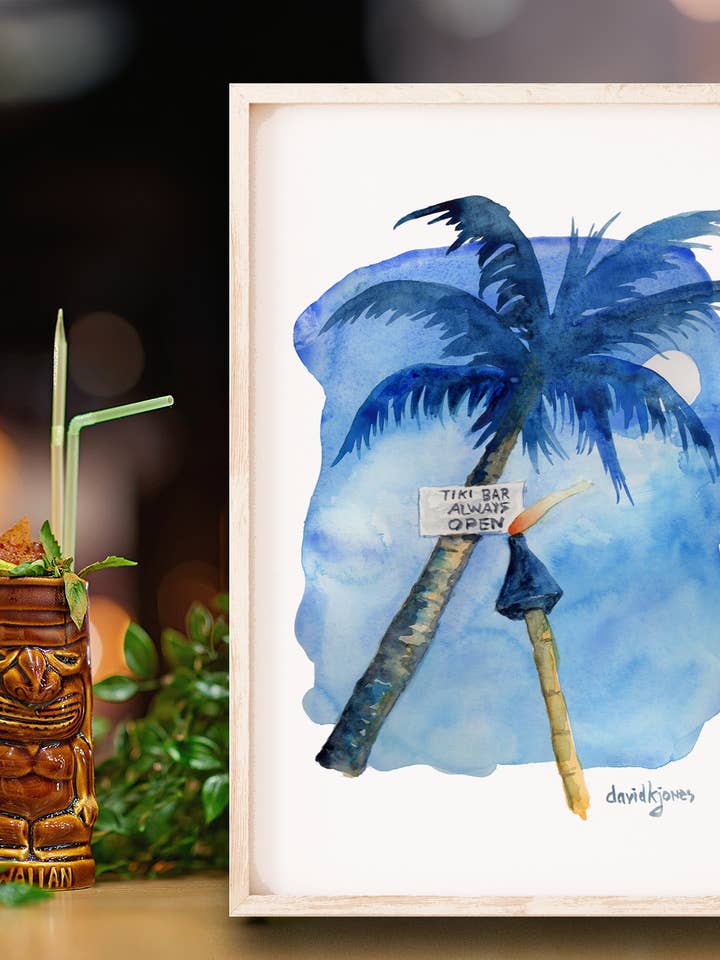 "Tiki Bar Always Open" (watercolor art print) for wholesale by davidkjonesart