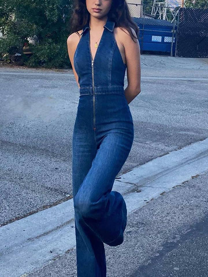 V Neck Sleeveless Denim Jumpsuits for wholesale by StyleGalX