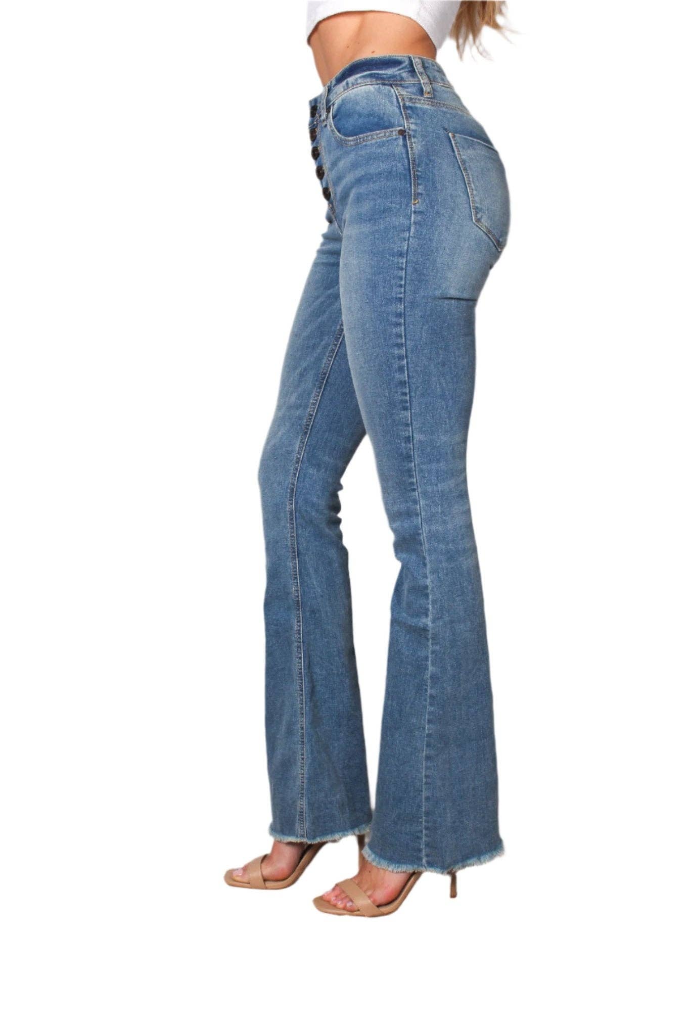 Good Stuff Apparel - Wholesale Jeans - Women's - Women's High Waist Five Buttons Raw Hem Flare Jeans3