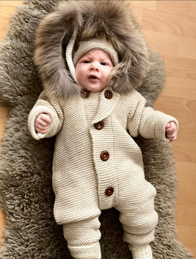 Nipperland - Vente Barboteuse – bébé - Combinaison en laine tricotée avec capuche et fourrure amovible0