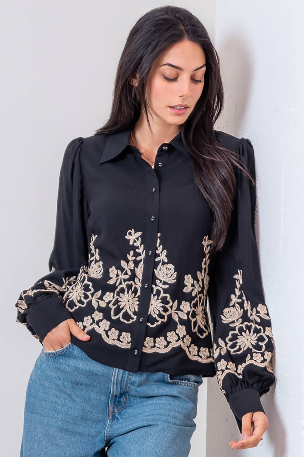 Taelynn - Wholesale Button Down Shirt - Women's - HT28837T-LONG SLV WITH COLLAR BUTTON DOWN FLOWER EMBO SHIRT1