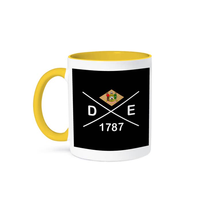 3dRose - Wholesale Coffee Mug - 3dRose, Delaware state abbreviation, statehood, flag art on black background., Mug