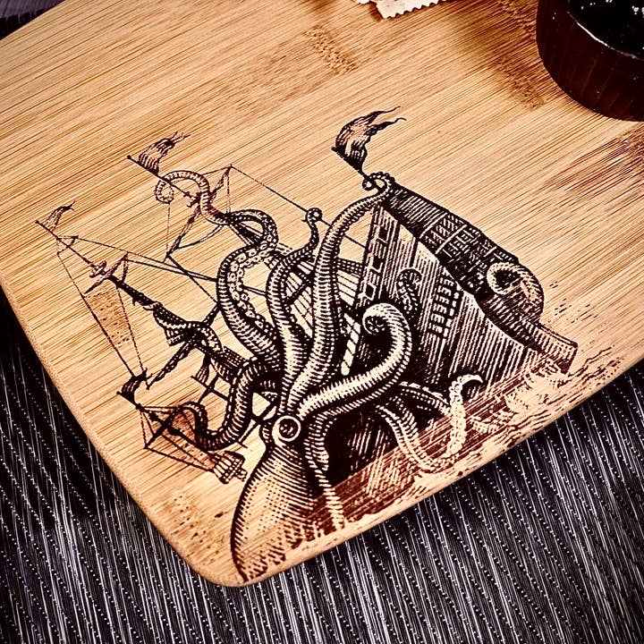 Nautical Shipwreck Octopus Bamboo Cutting/ Serving Board for wholesale by Rustic Cedar Co
