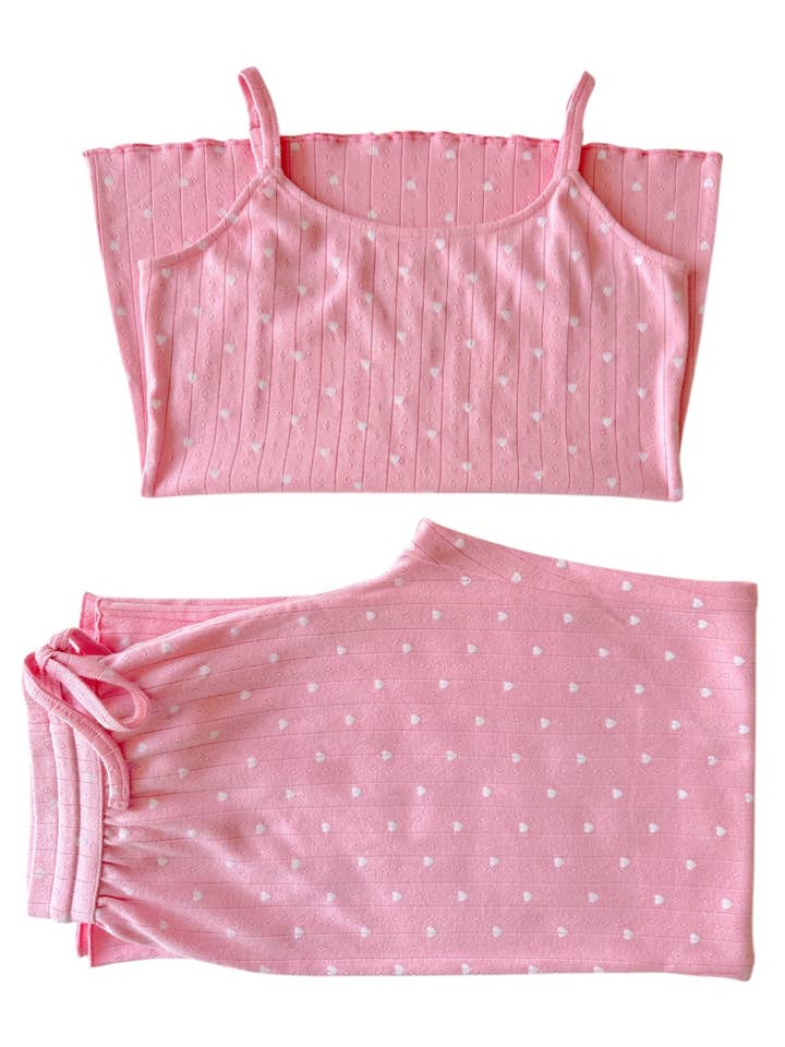 SIIX Collection - Vendita all'ingrosso Completo loungewear - Donna - Rosa con Cuore Bianco / Completo da Donna in Cotone Organico Pointelle per il Relax1