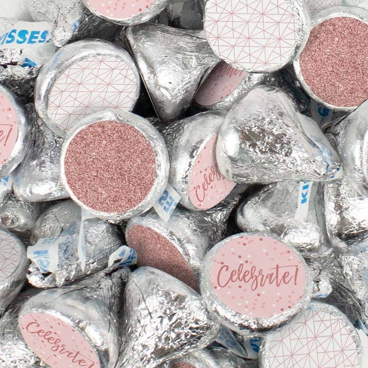Just Candy - Wholesale Chocolate - Celebration Stickered Milk Chocolate Silver Hershey's Kisses 57ct - Celebrate Rose Gold