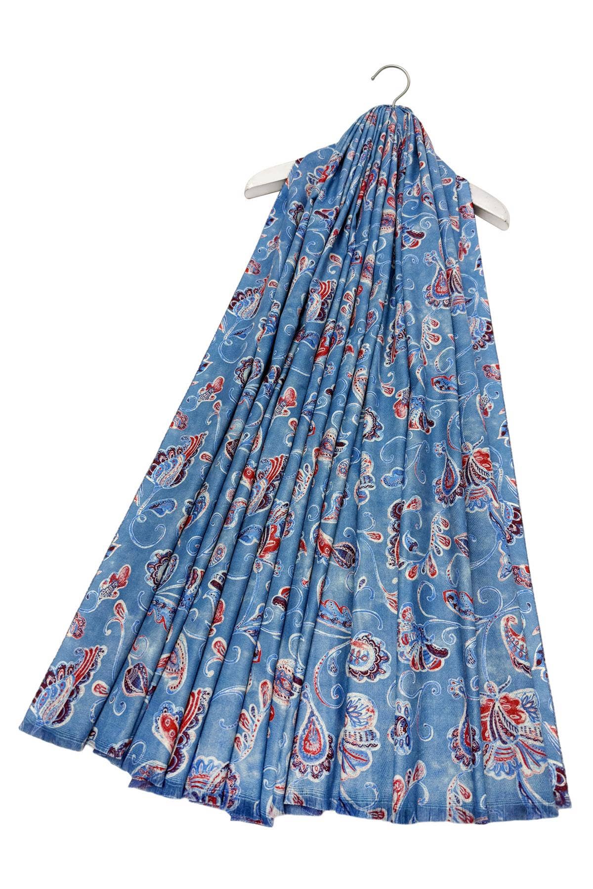 Blue Dreamy Paisley Print Wool Frayed Scarf for wholesale on Faire2