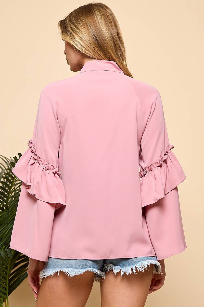 Nackt Rosa Langärmelige Bluse mit Lagen, ausgestellten Ärmeln und Schleifenkragen für den Großhandel auf Faire9