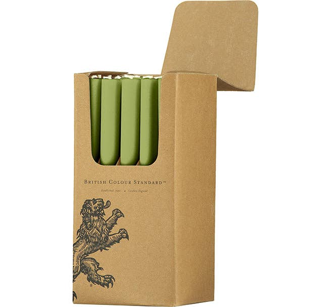 BRITISH COLOUR STANDARD – wholesale Tapered candle/candlestick – Olive Green Eco Dinner Candles, 25 per pack