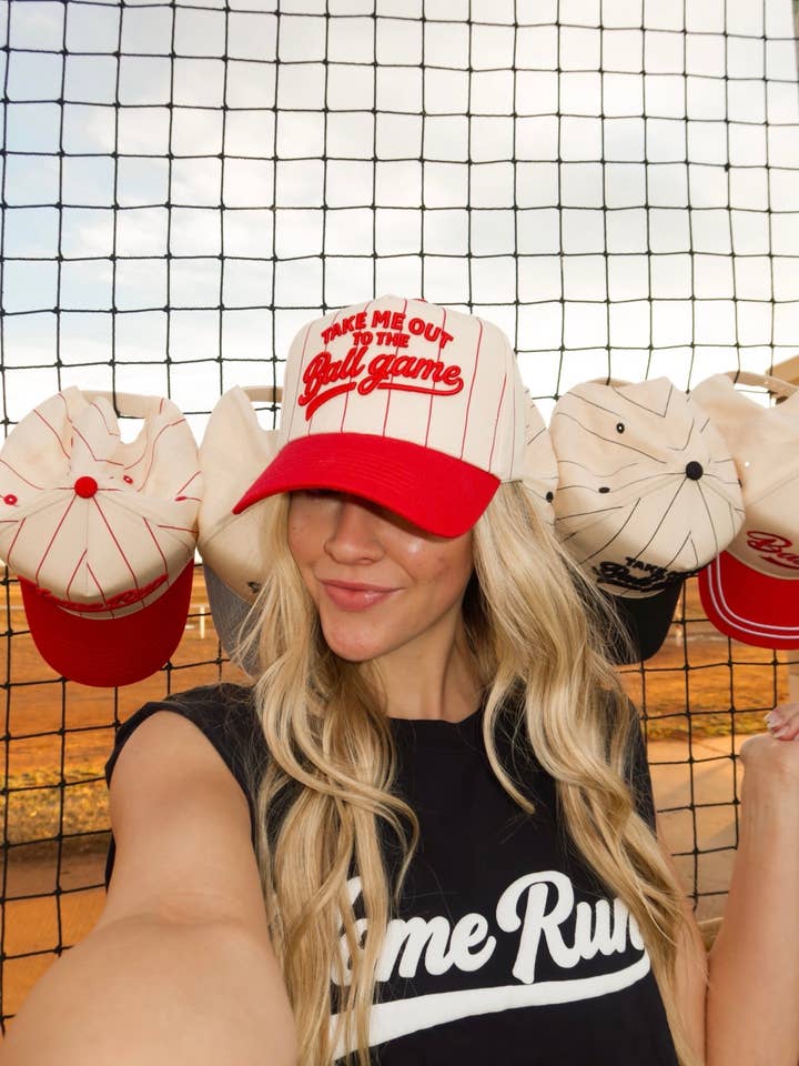 Take Me Out To The Ballgame Red Pinstripe Cap for wholesale by Worthy Hat Co.