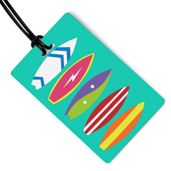 Surfboards Luggage Tag w/ Black Strap for wholesale by R. Nichols Stationery & Gifts