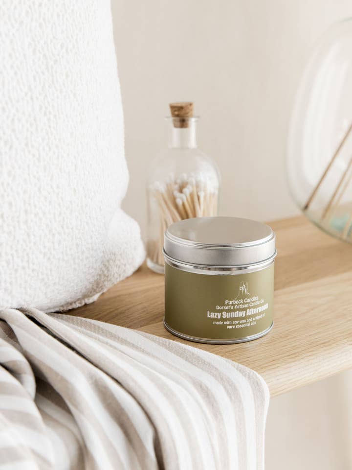 Signature Range Candle in a Tin - Lazy Sunday for wholesale by Purbeck Candles