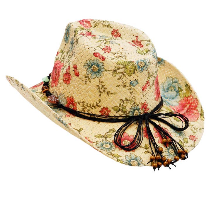 Cap Zone - Wholesale Cowboy Hat - Women's - Floral Print Raffia Paper Straw Cowboy Hat17
