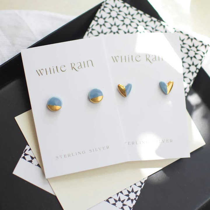 Light Blue Ceramic Studs With Gold Lustre for wholesale by White Rain Ceramics