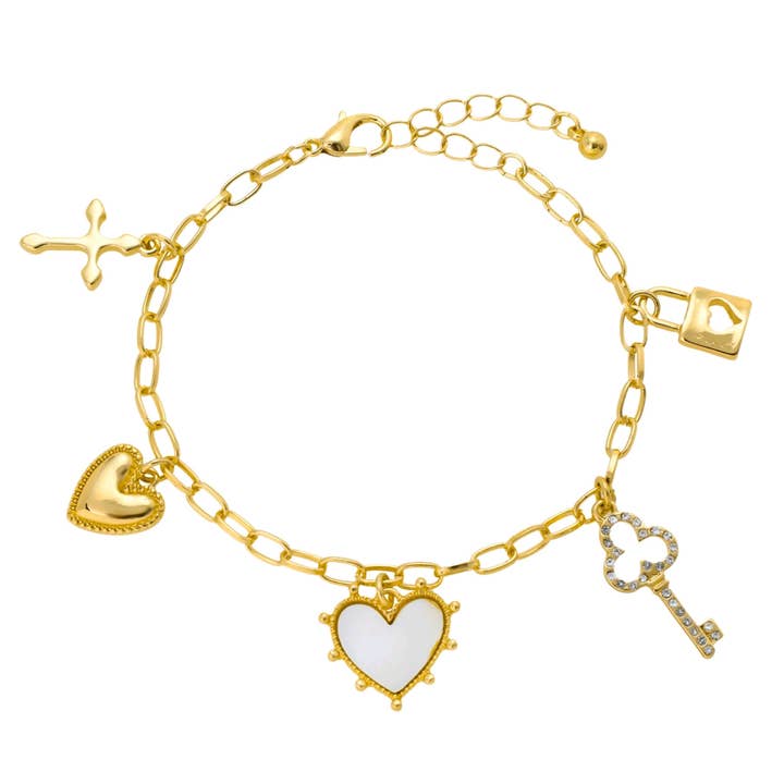 What's Hot - Wholesale Charm/Dangle Bracelet - Gold Heart and Key Lock Charm Bracelet