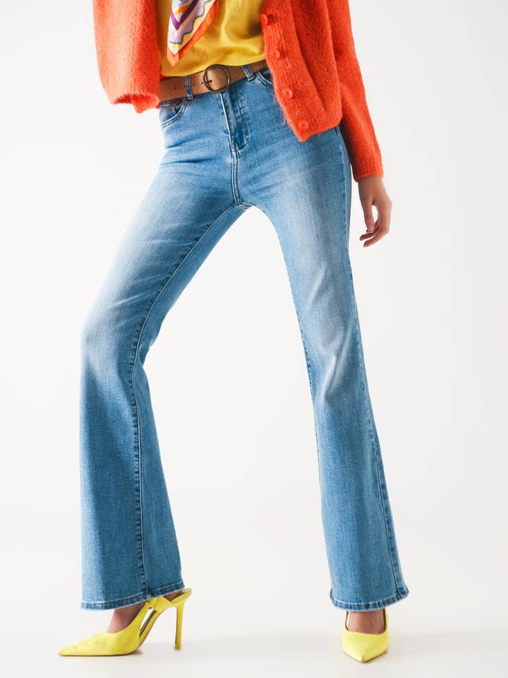 70s high flare jeans in light wash stretch for wholesale by Q2—All Orders:Free Duties for the US,UK,and Canada