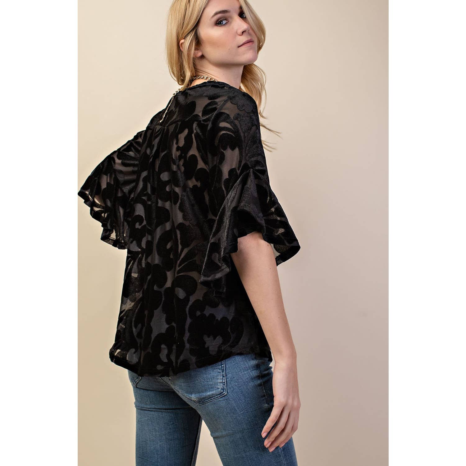 VOCAL - Wholesale Blouse - Women's - VELVET RUFFLE SLEEVE KNIT TOP7