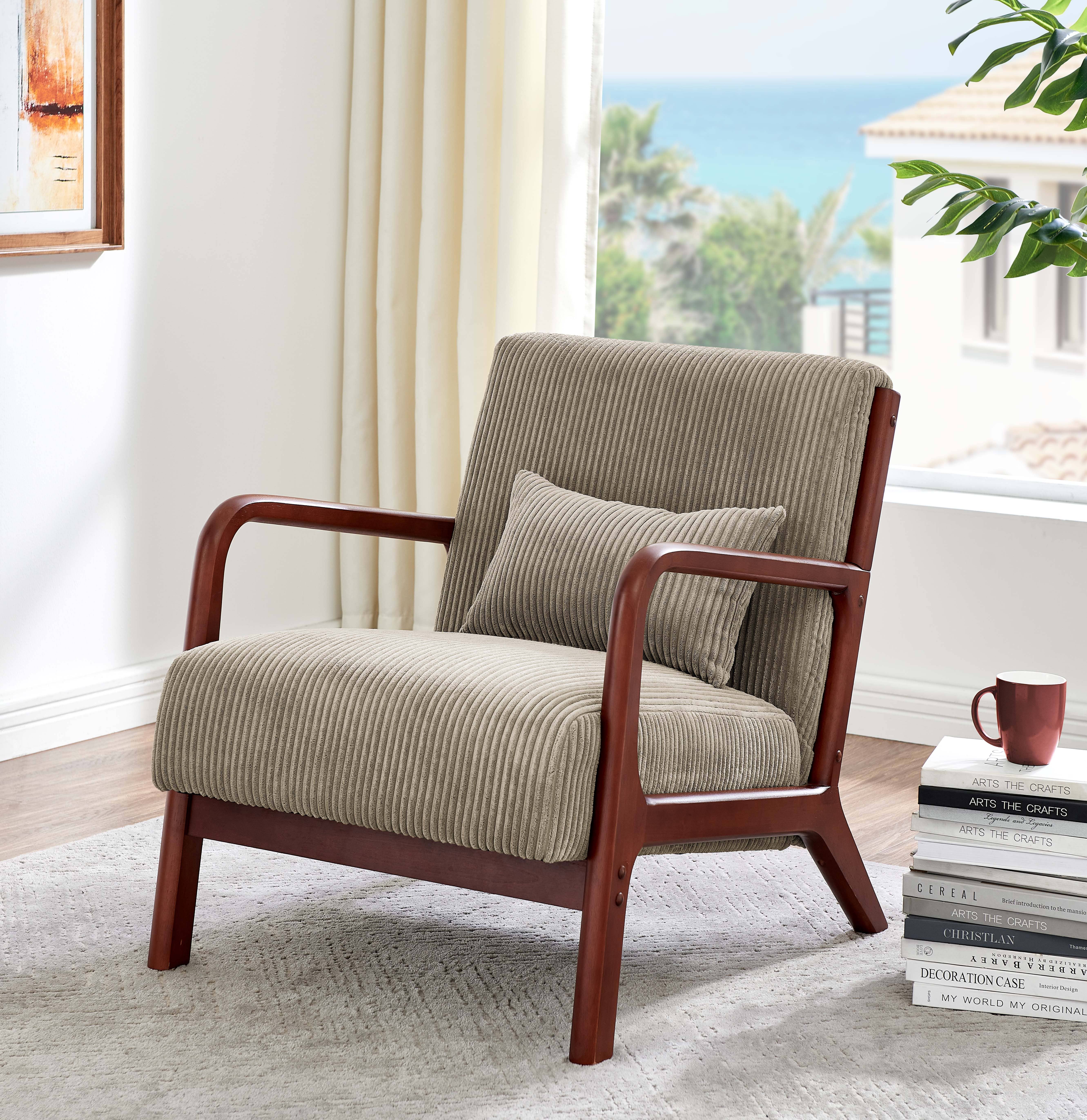 39F Inc. - Vente Chaises - Fauteuil en velours côtelé en bois, Gris/Beige/Jaune/Rose/Camel4