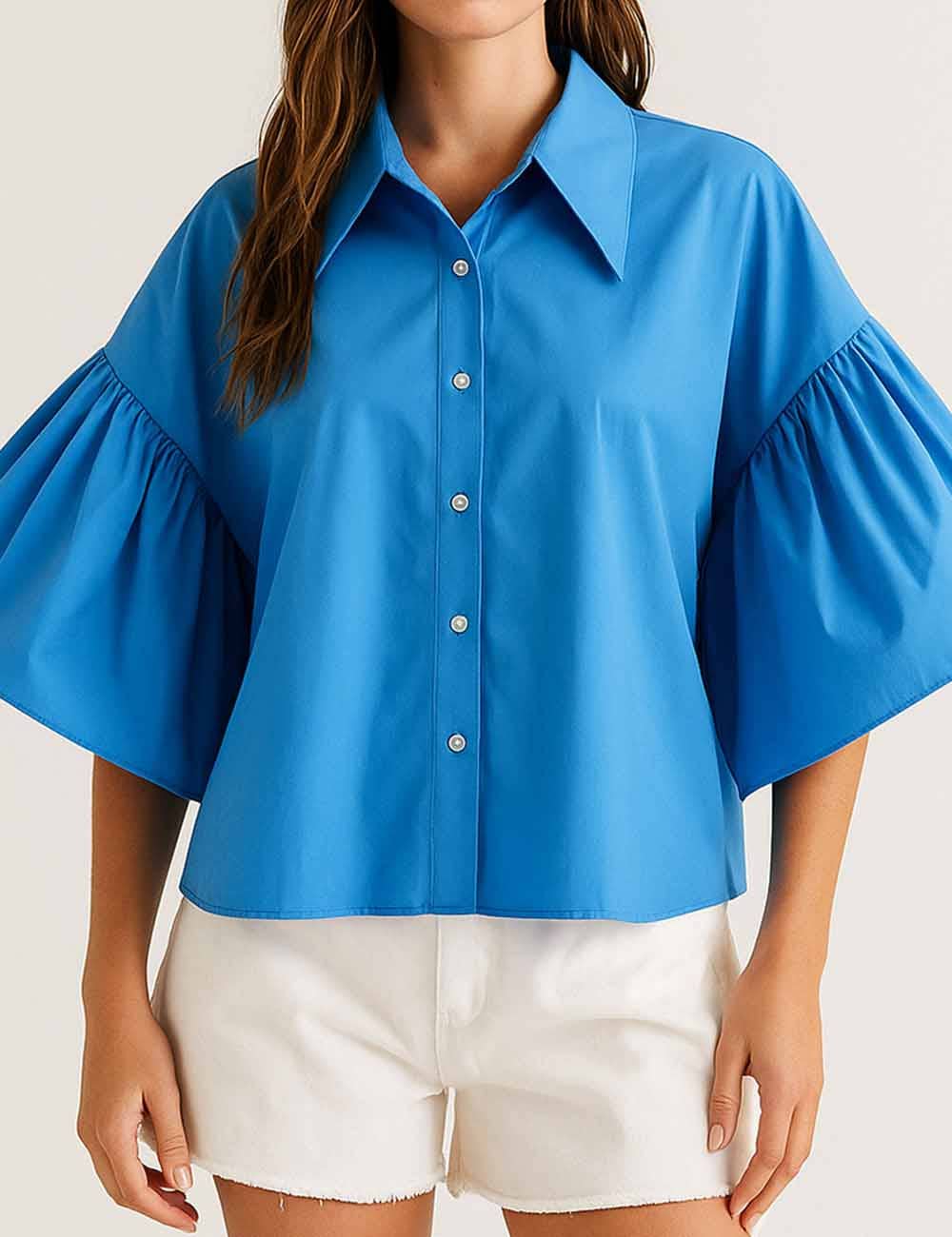 Sweetkama – wholesale Buttoned-down shirt – Women's – Ladies Striped Puff Sleeves Button Shirt SP06819
