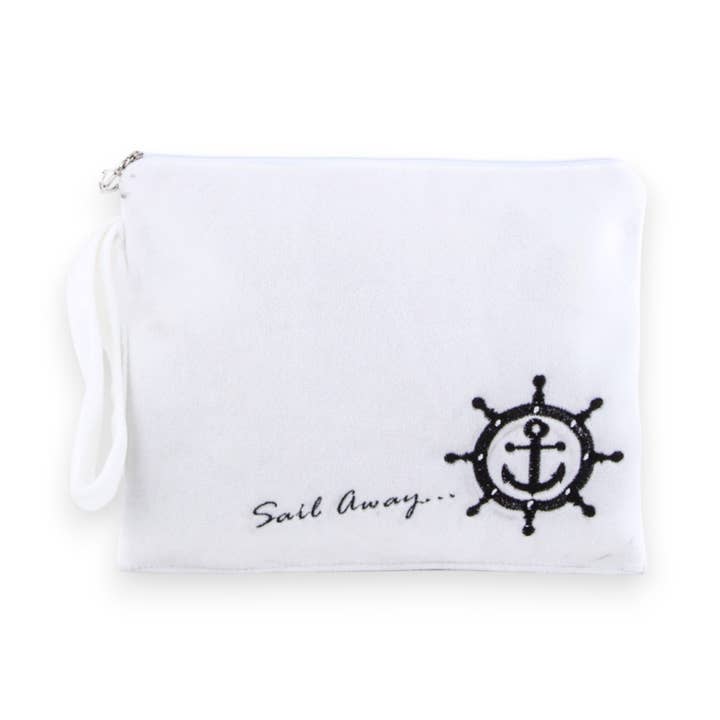 SAIL AWAY Embroidered Plush Soft Wristlet Pouch for wholesale by LA Jewelry Plaza