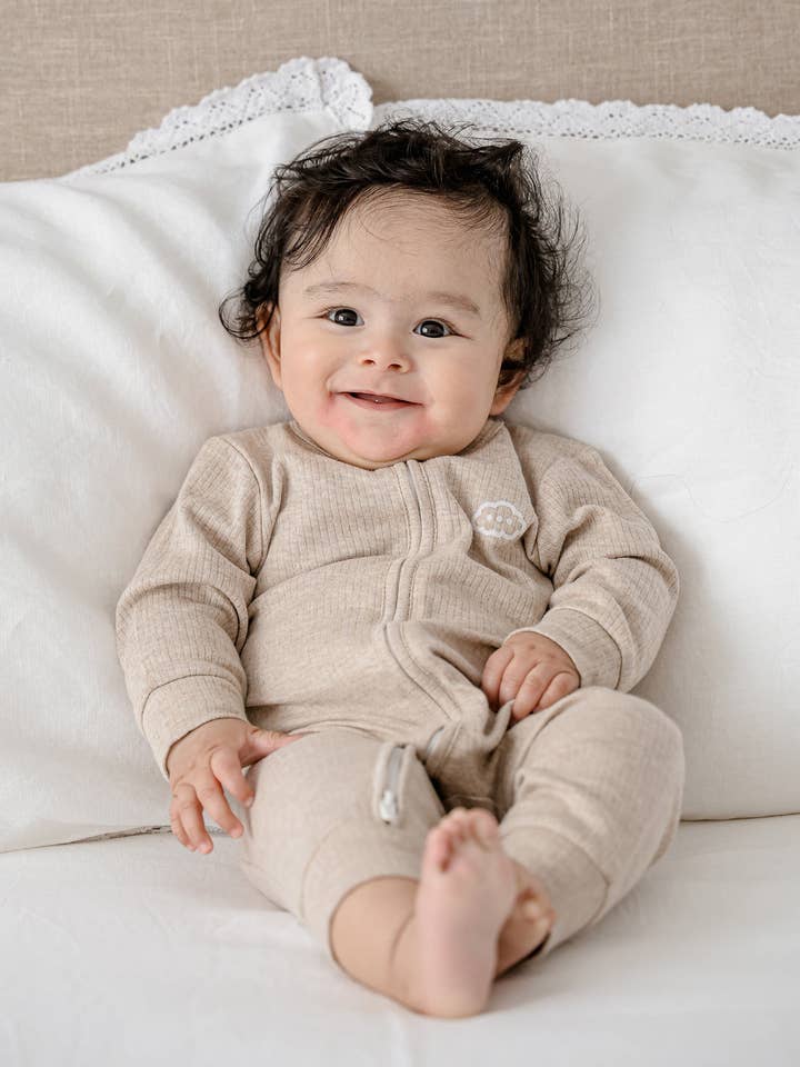 Comfy Baby Zip Growsuit - Heather Oat for wholesale by Lūmmi in Colour Babywear