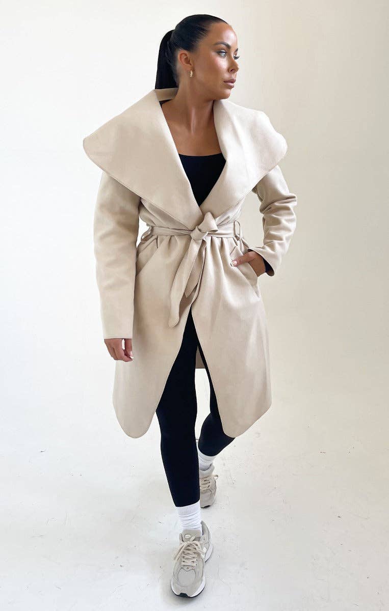 Femme Luxe - Wholesale Coat - Women's - Beige Waterfall Duster Belted Long Coat - Pola5
