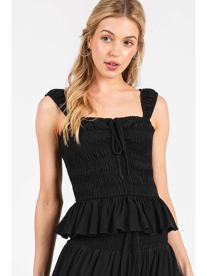 SWEETHEART TIE FRONT SMOCKED PEPLUM TOP for wholesale by mittoshop