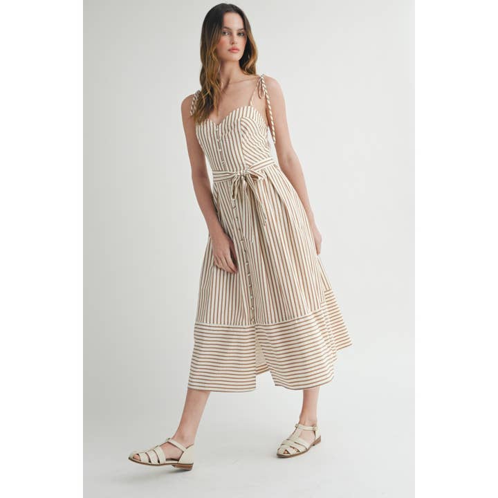 MOCHA WHITE STRIPED SUNDRESS WITH BUTTON-DOWN AND WAIST TIE for wholesale on Faire