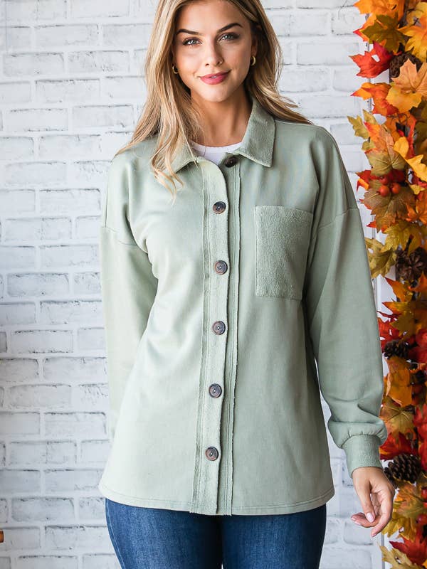 BASIC COLLAR SOLID BUTTON SHACKET WITH POCKET for wholesale by Pink Irene Wholesale