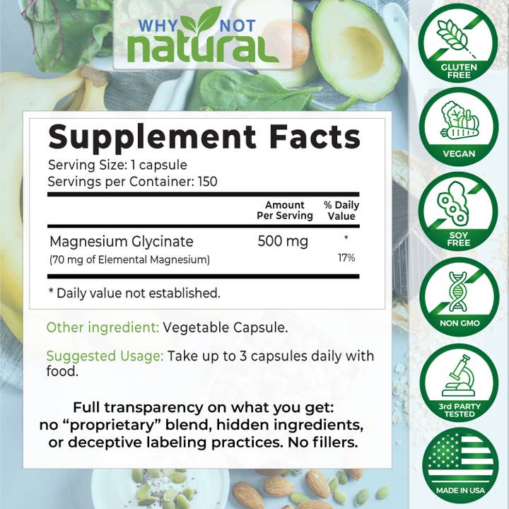 WhyNotNatural - Wholesale Oral Supplement/Vitamin - Magnesium Glycinate 500 mg Capsules Supplement - Vegan, 100%