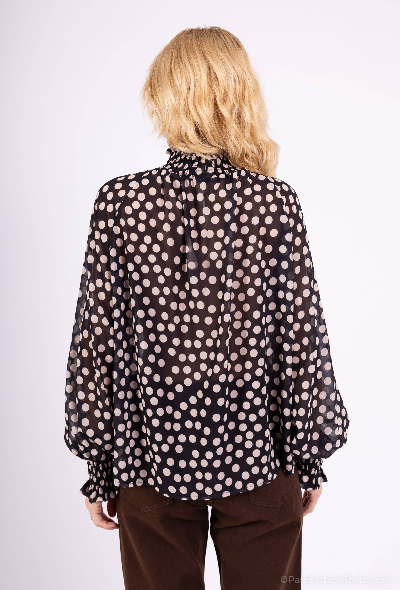 L'Emotion - Wholesale Blouse - Women's - High Collar Blouse with Smocked Cuffs and Patterned Chiffon7