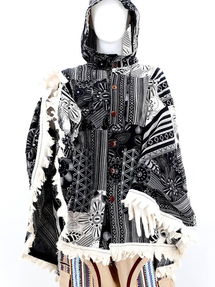 Himalaya Handmade - Wholesale Poncho - Unisex - Cotton Hippie Handmade Flower of Life and Geometric Print Overlock Patchwork Bohemian Poncho3